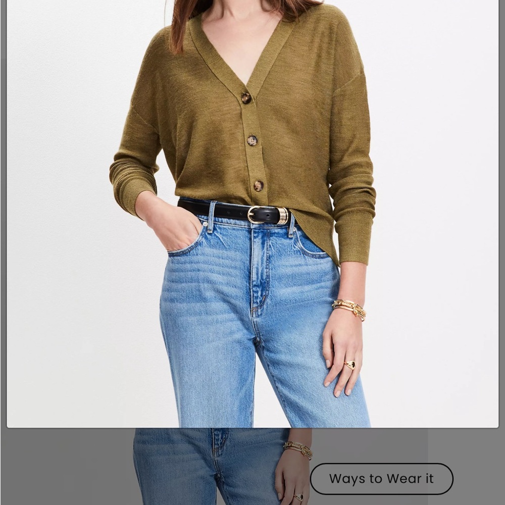 LOFT Green Cardigan Sweater with V-Neck and Ribbed Cuffs